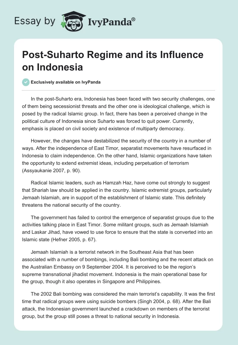 Post-Suharto Regime and its Influence on Indonesia. Page 1