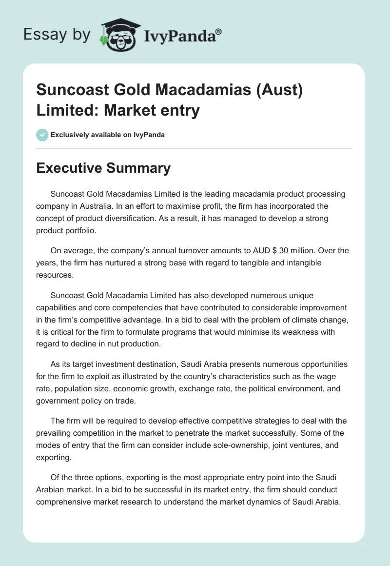 Suncoast Gold Macadamias (Aust) Limited: Market entry. Page 1