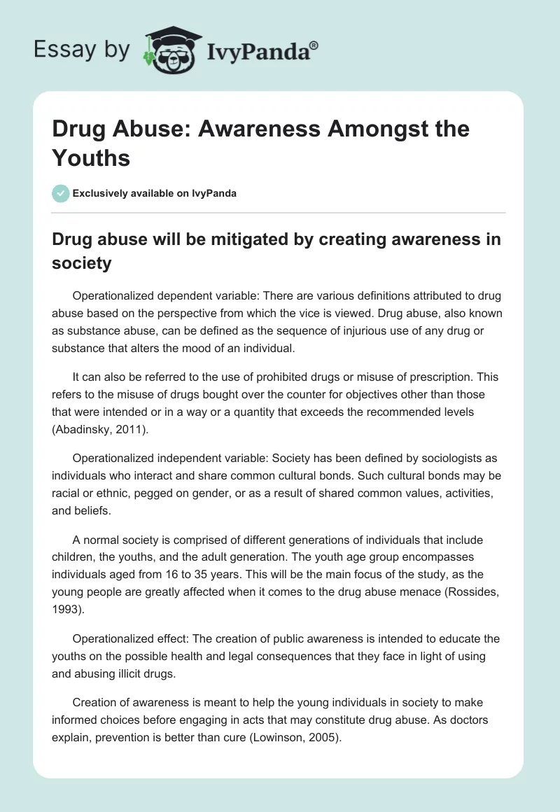 Drug Abuse: Awareness Amongst the Youths. Page 1