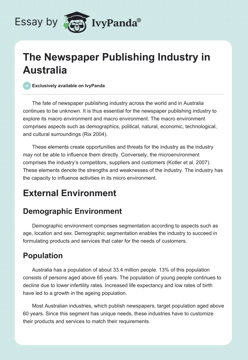 The Newspaper Publishing Industry in Australia. Page 1