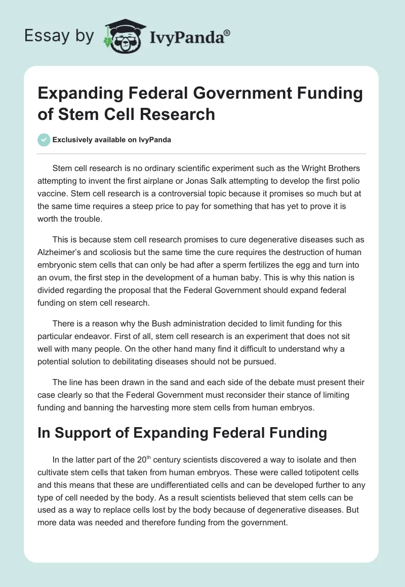 Expanding Federal Government Funding of Stem Cell Research. Page 1
