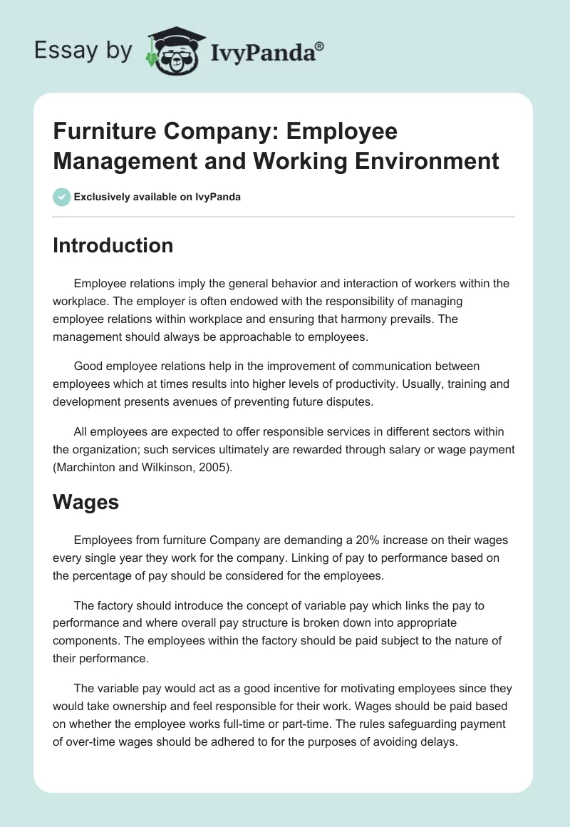 Furniture Company: Employee Management and Working Environment. Page 1