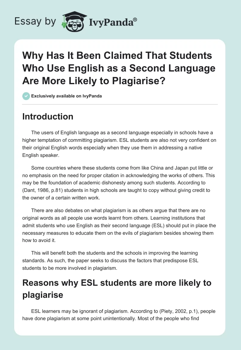 Why Has It Been Claimed That Students Who Use English as a Second Language Are More Likely to Plagiarise?. Page 1