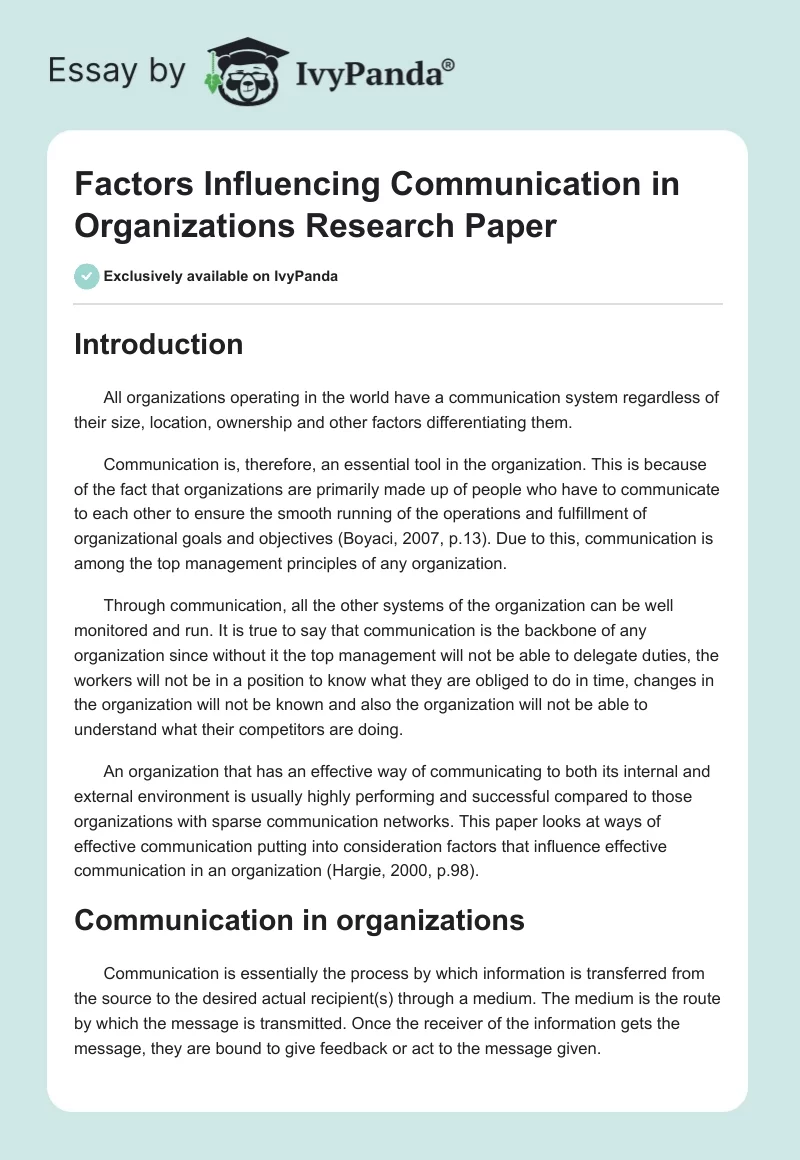 Factors Influencing Communication in Organizations Research Paper. Page 1