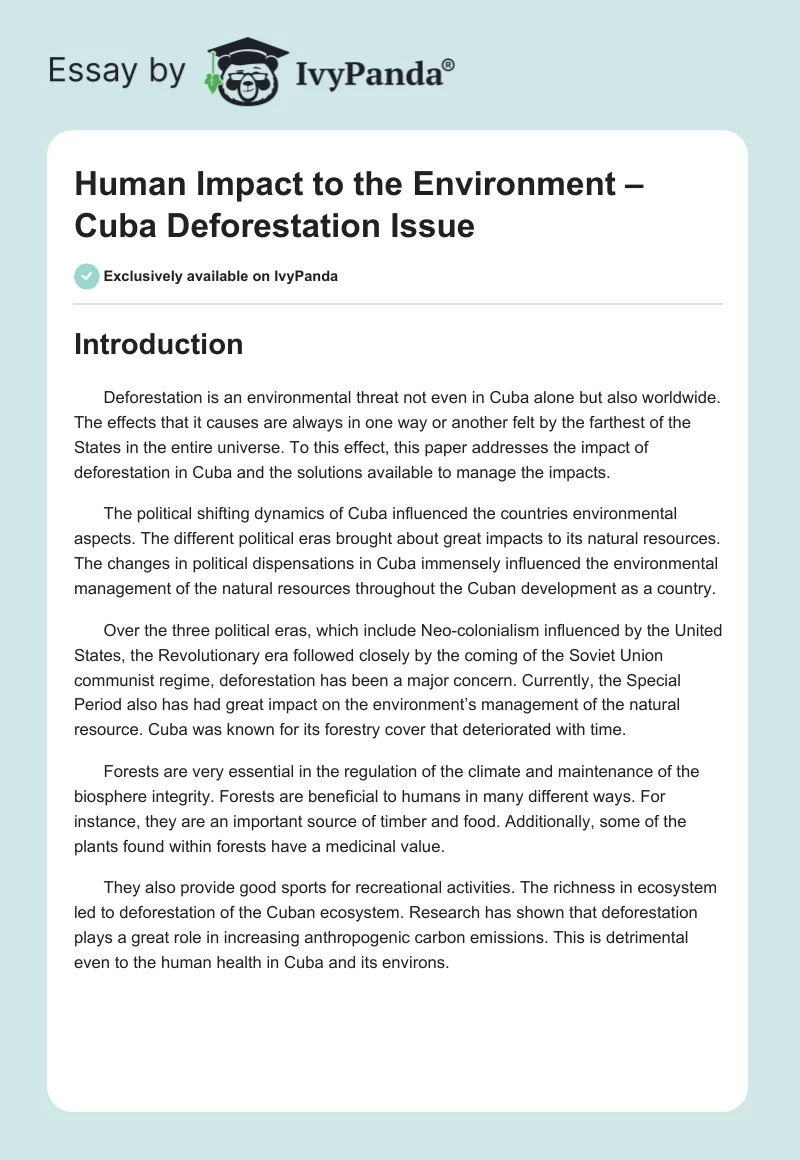 Human Impact to the Environment – Cuba Deforestation Issue. Page 1