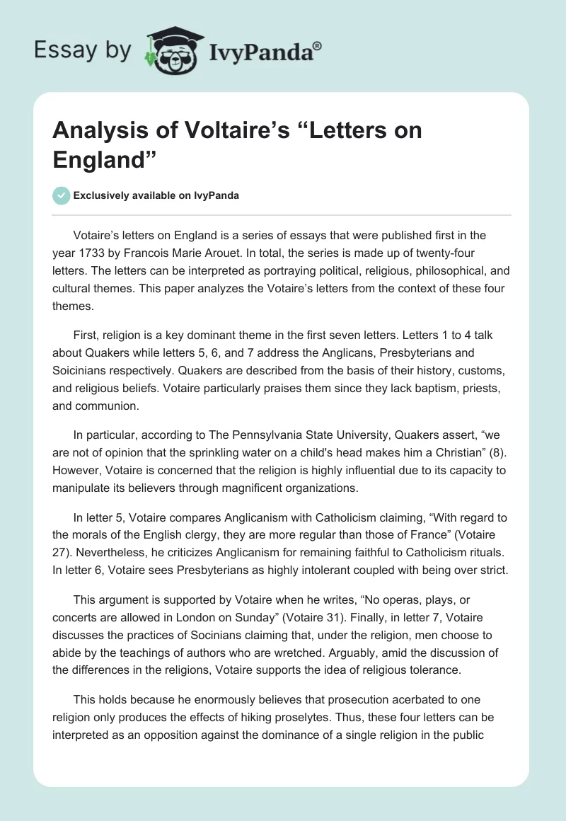 Analysis of Voltaire’s “Letters on England”. Page 1