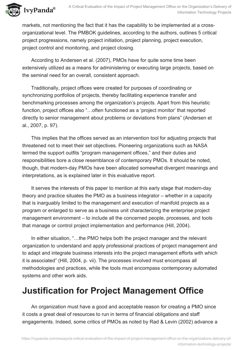 A Critical Evaluation of the Impact of Project Management Office on the Organization’s Delivery of Information Technology Projects. Page 4