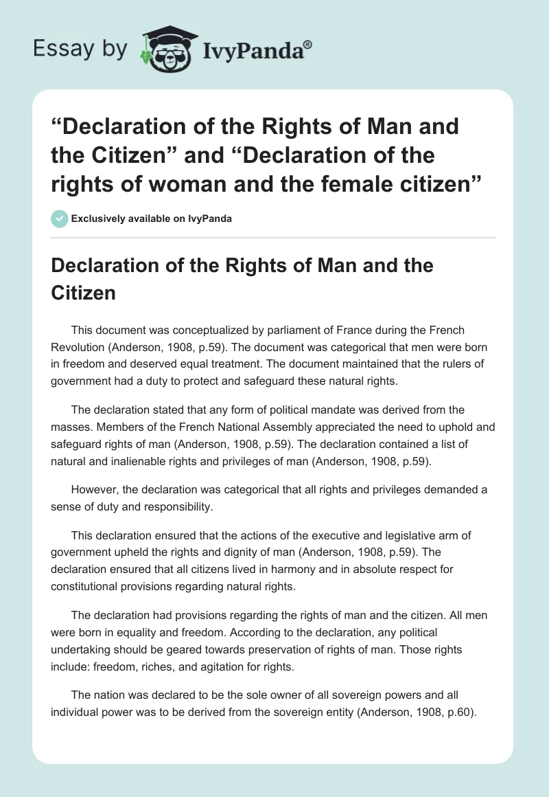 “Declaration of the Rights of Man and the Citizen” and “Declaration of the rights of woman and the female citizen”. Page 1