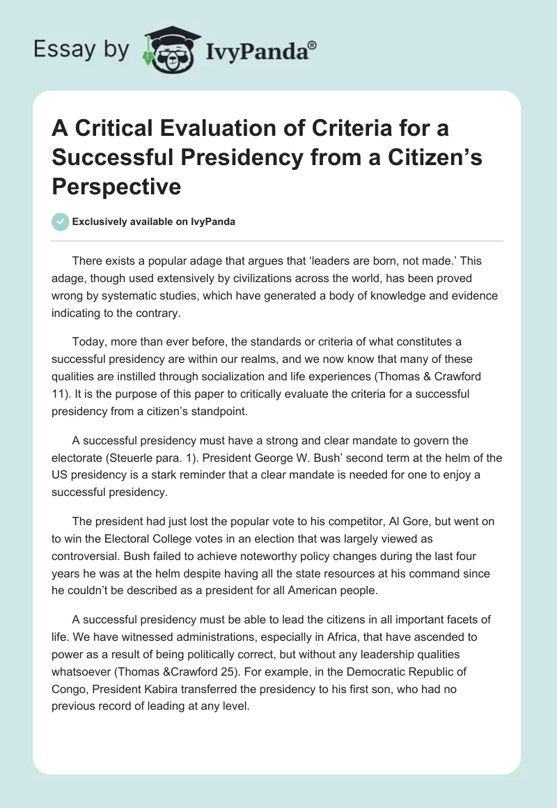 A Critical Evaluation of Criteria for a Successful Presidency from a Citizen’s Perspective. Page 1