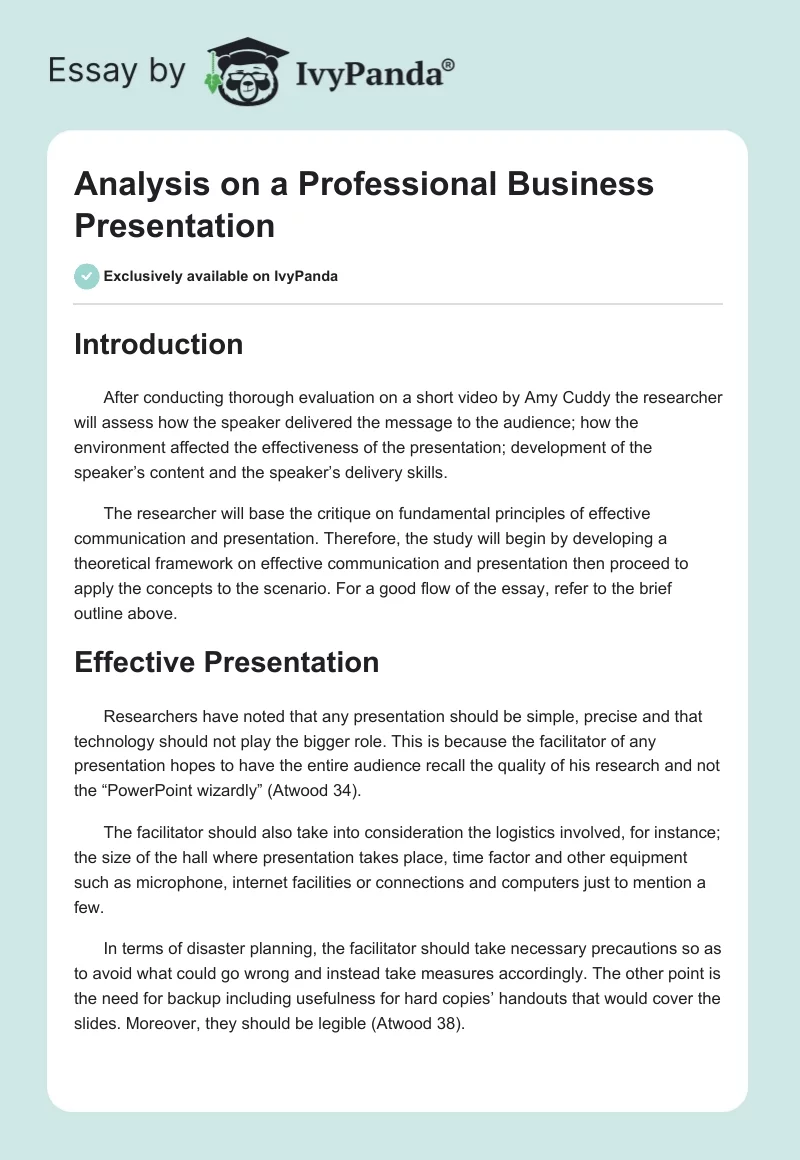 Analysis on a Professional Business Presentation. Page 1