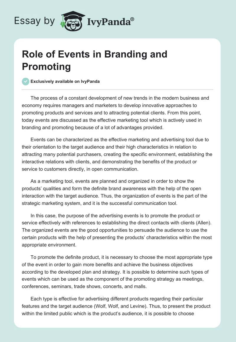 Role of Events in Branding and Promoting. Page 1