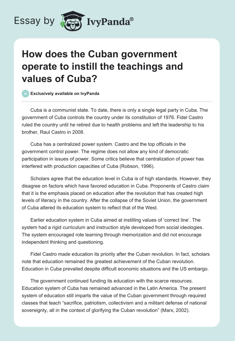 How does the Cuban government operate to instill the teachings and values of Cuba?. Page 1