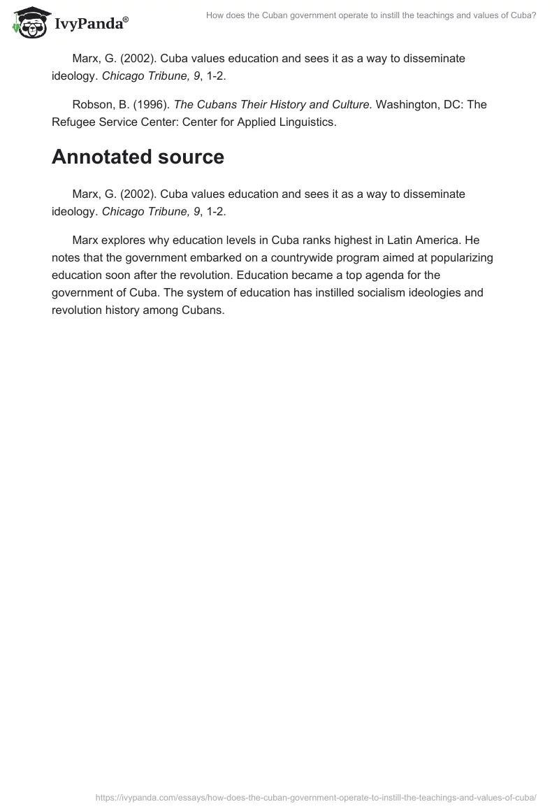 How does the Cuban government operate to instill the teachings and values of Cuba?. Page 5