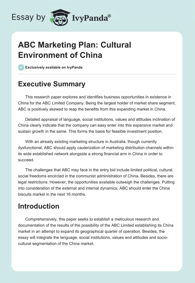 ABC Marketing Plan: Cultural Environment of China. Page 1