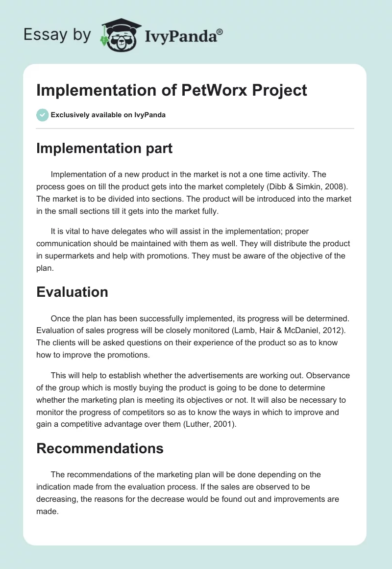 Implementation of PetWorx Project. Page 1