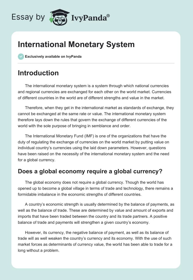 International Monetary System. Page 1