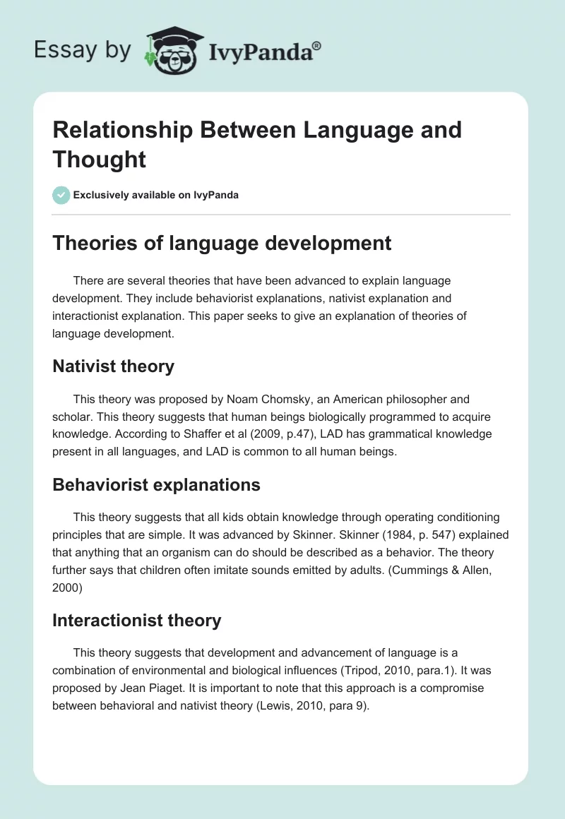 Relationship Between Language and Thought. Page 1
