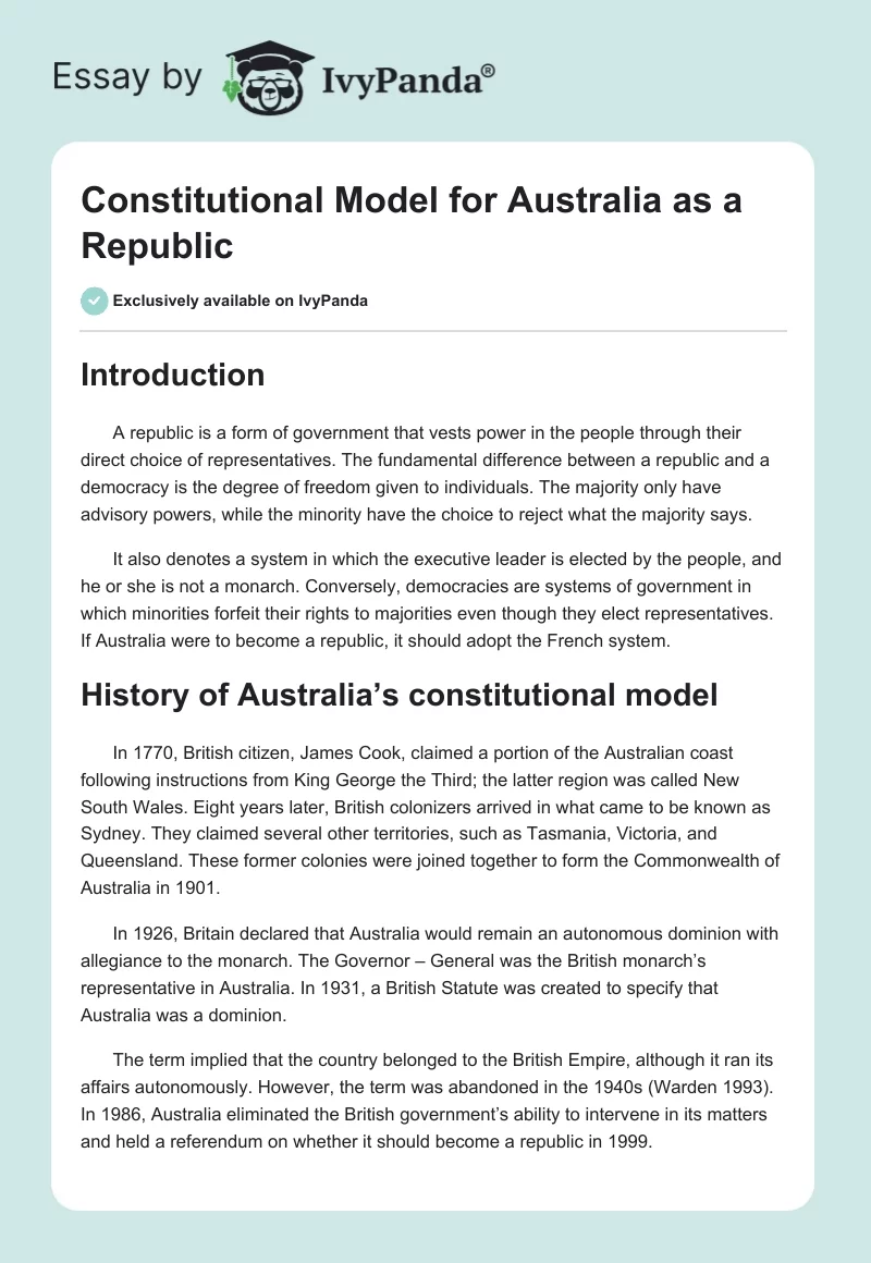 Constitutional Model for Australia as a Republic. Page 1