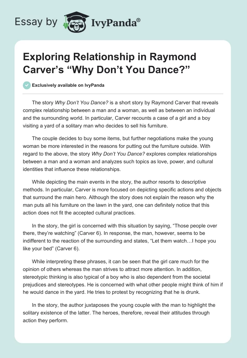 Exploring Relationship in Raymond Carver’s “Why Don’t You Dance?”. Page 1