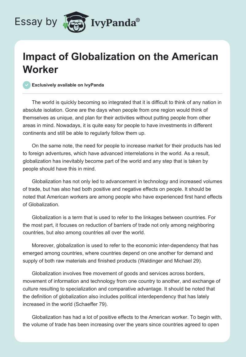Impact of Globalization on the American Worker. Page 1
