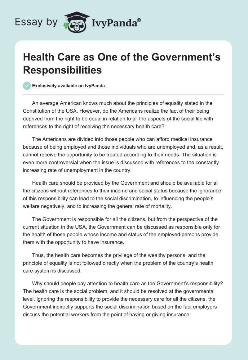 Health Care as One of the Government’s Responsibilities. Page 1