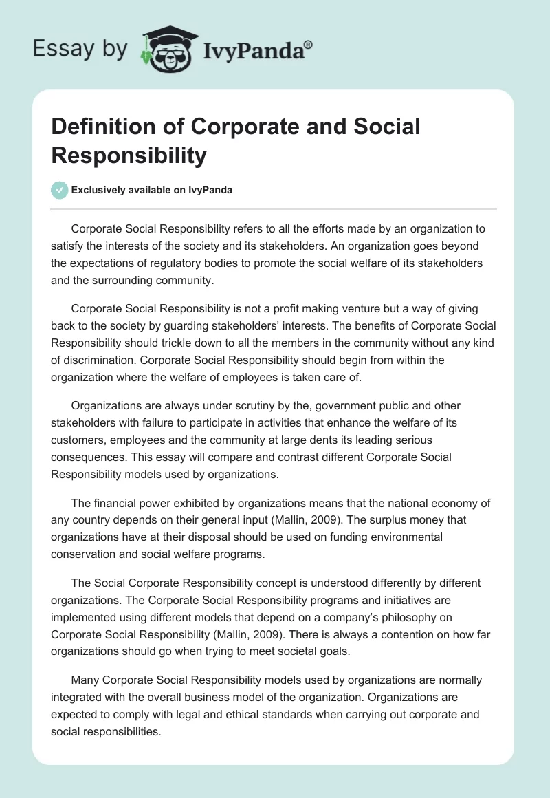 Definition of Corporate and Social Responsibility. Page 1