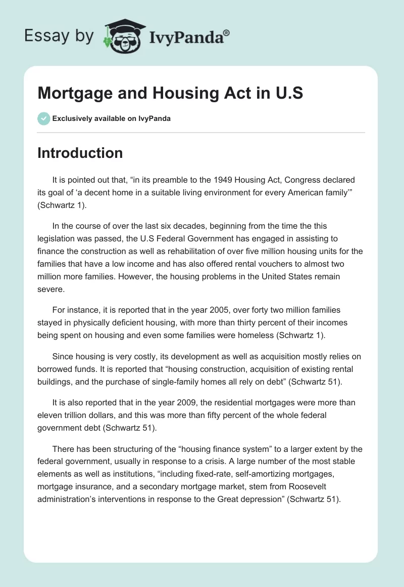 Mortgage and Housing Act in U.S. Page 1