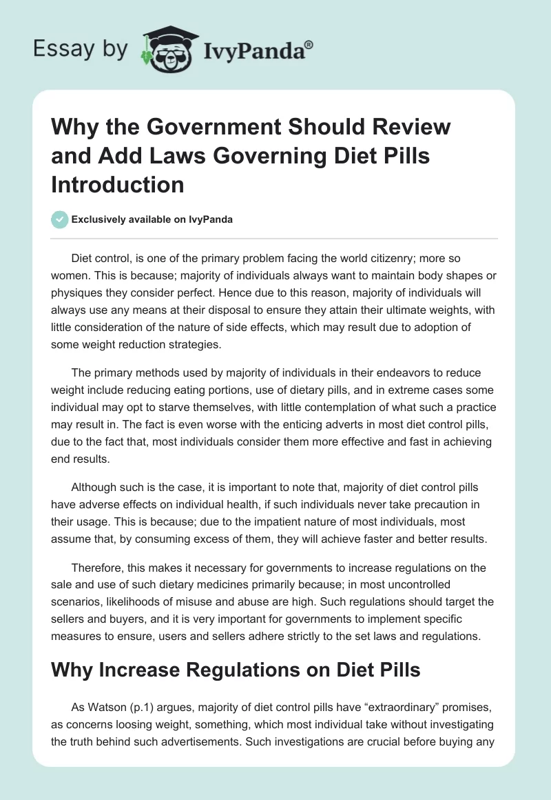 Why the Government Should Review and Add Laws Governing Diet Pills Introduction. Page 1