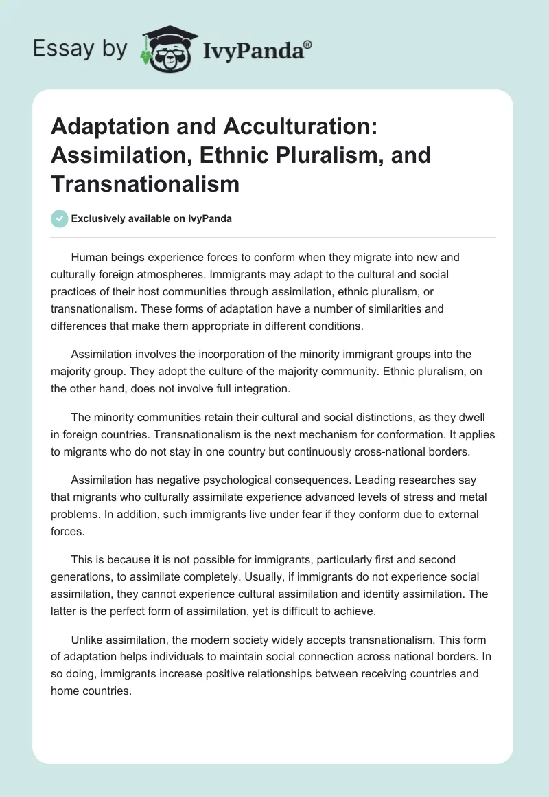Adaptation and Acculturation: Assimilation, Ethnic Pluralism, and Transnationalism. Page 1