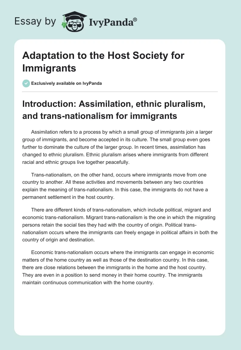 Adaptation to the Host Society for Immigrants. Page 1