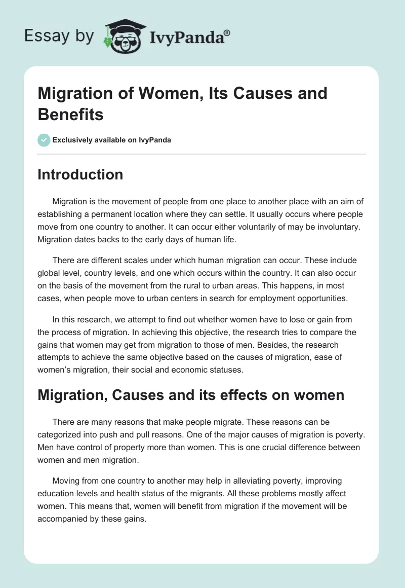 Migration of Women, Its Causes and Benefits. Page 1