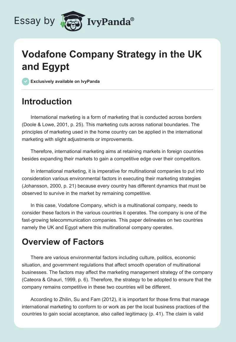 Vodafone Company Strategy in the UK and Egypt. Page 1