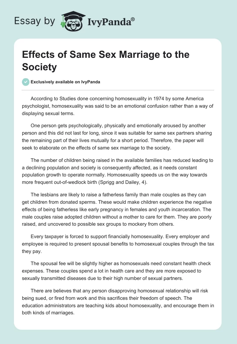 Effects of Same Sex Marriage to the Society. Page 1