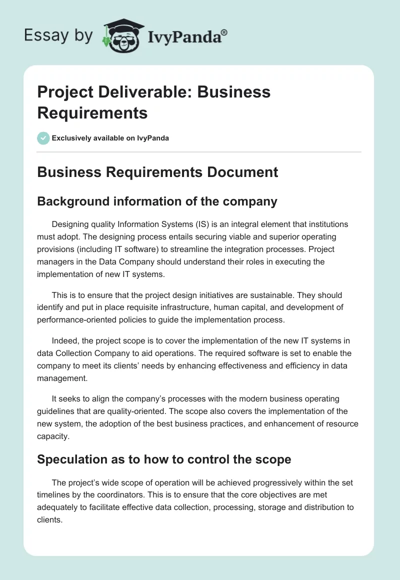 Project Deliverable: Business Requirements. Page 1