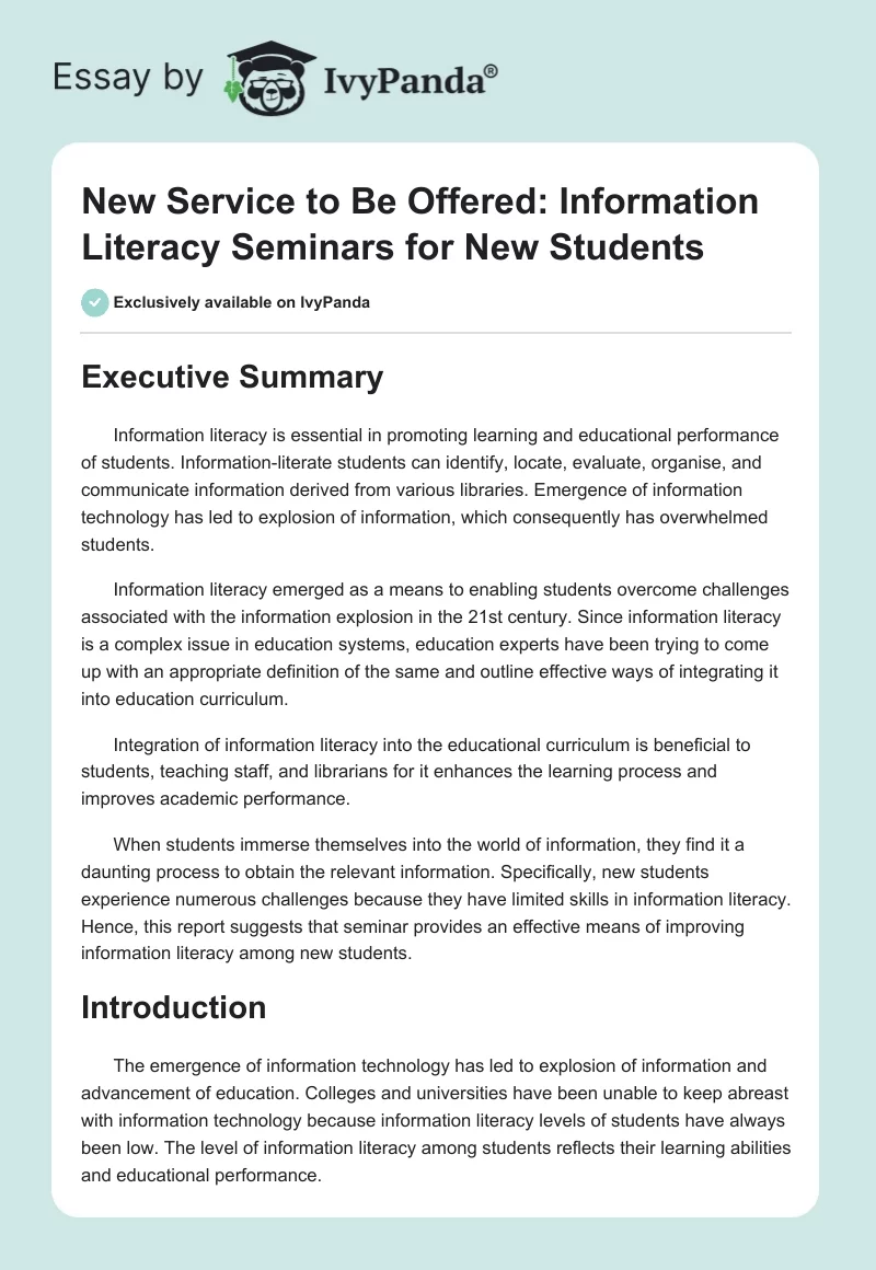 New Service to Be Offered: Information Literacy Seminars for New Students. Page 1