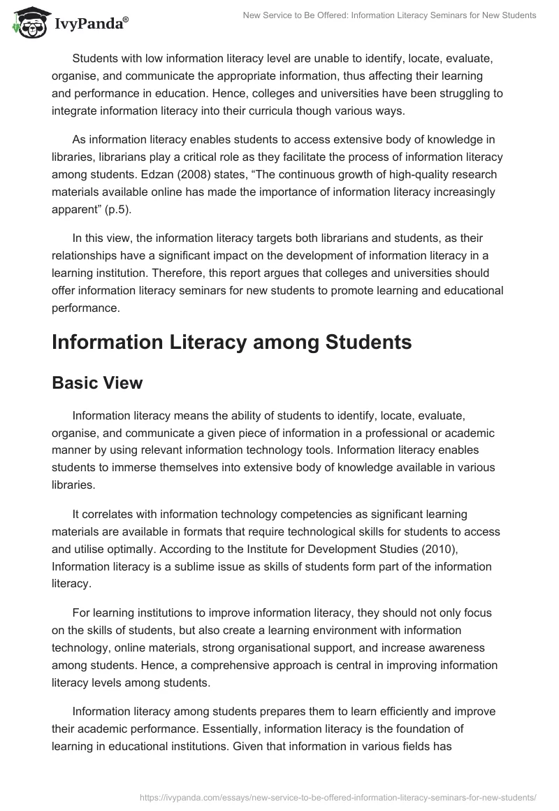 New Service to Be Offered: Information Literacy Seminars for New Students. Page 2