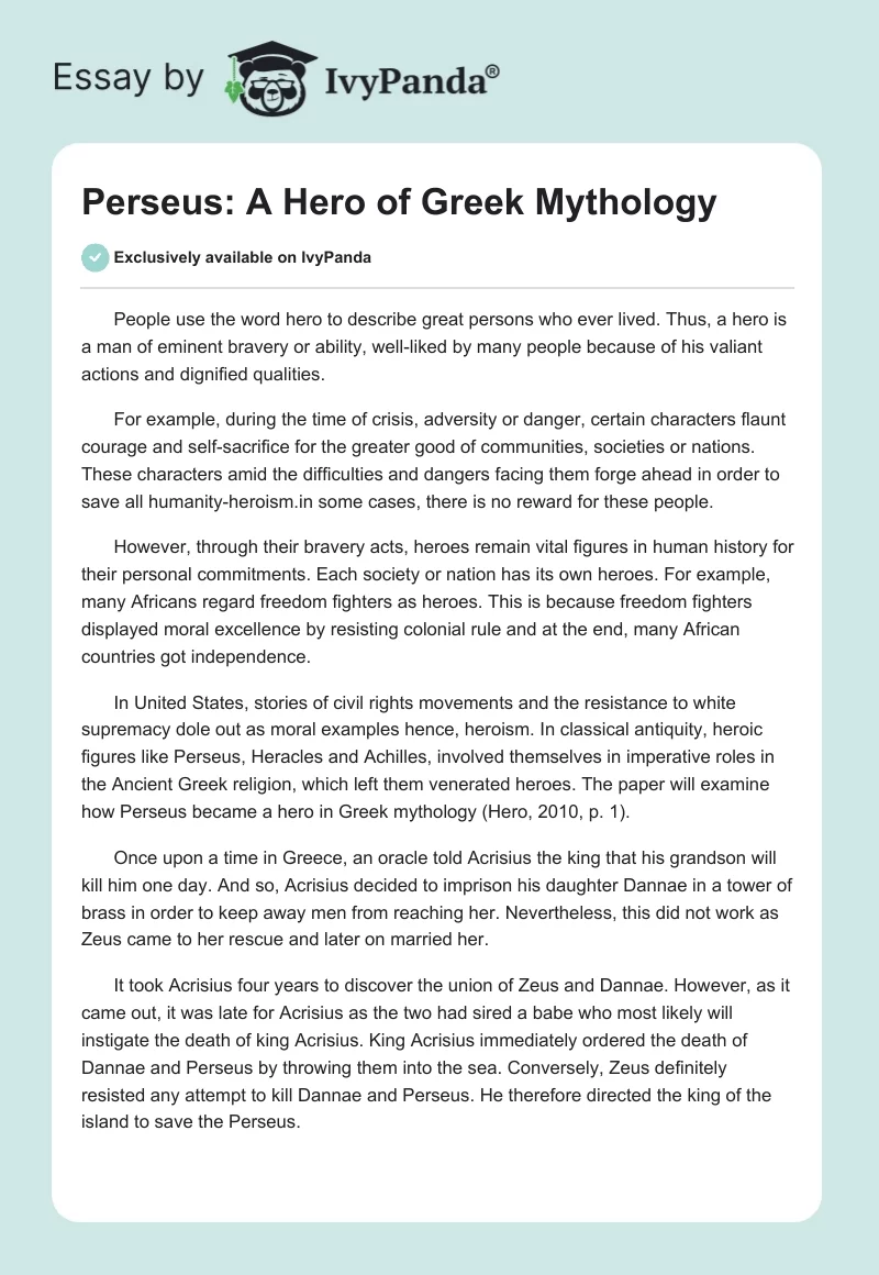 Perseus: A Hero of Greek Mythology. Page 1