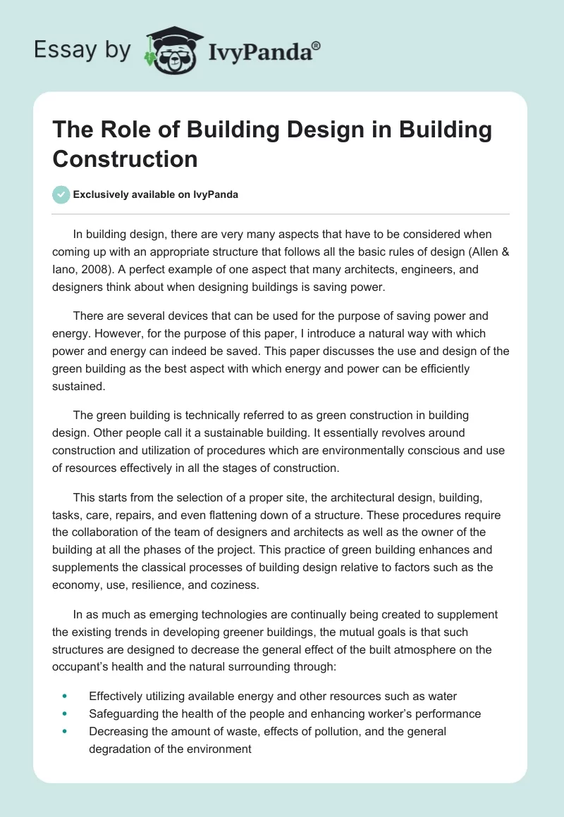 The Role of Building Design in Building Construction. Page 1