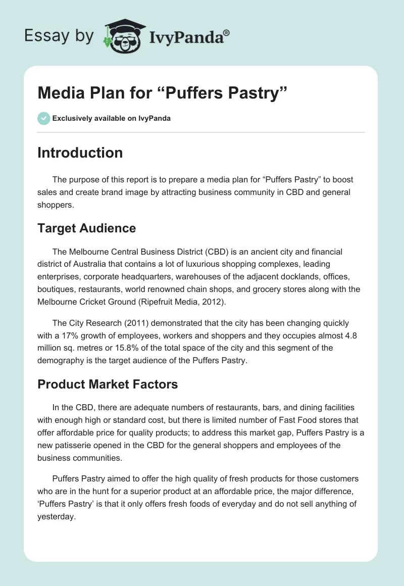 Media Plan for “Puffers Pastry”. Page 1