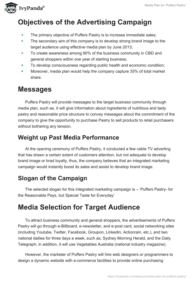 Media Plan for “Puffers Pastry”. Page 2