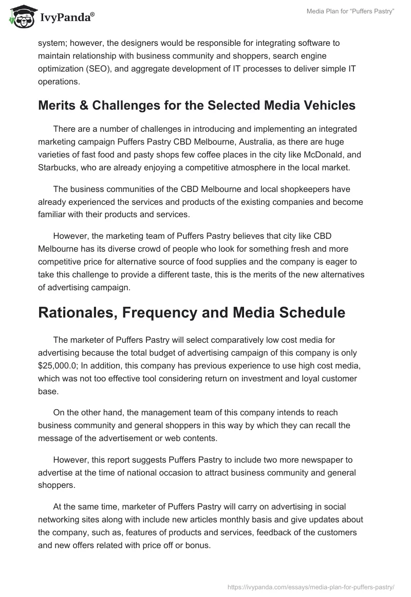 Media Plan for “Puffers Pastry”. Page 3