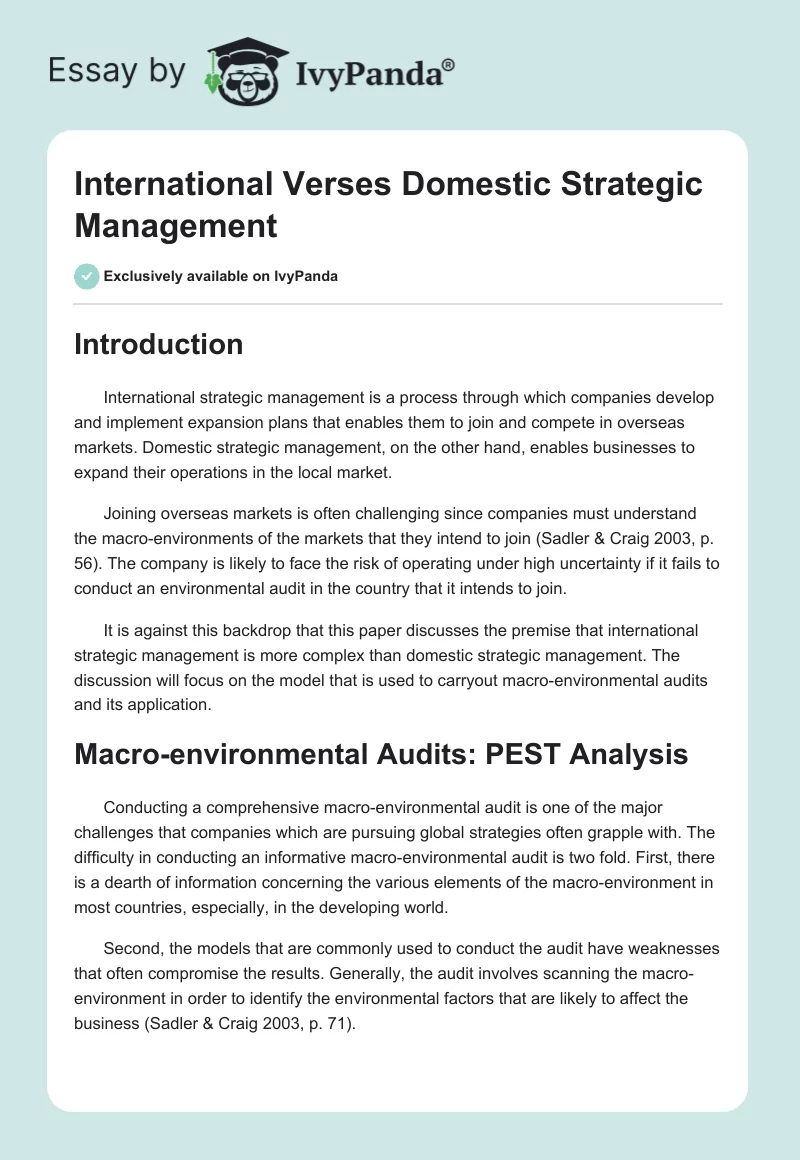 International Verses Domestic Strategic Management. Page 1