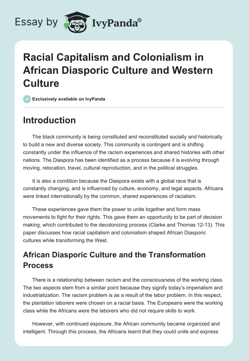 Racial Capitalism and Colonialism in African Diasporic Culture and Western Culture. Page 1
