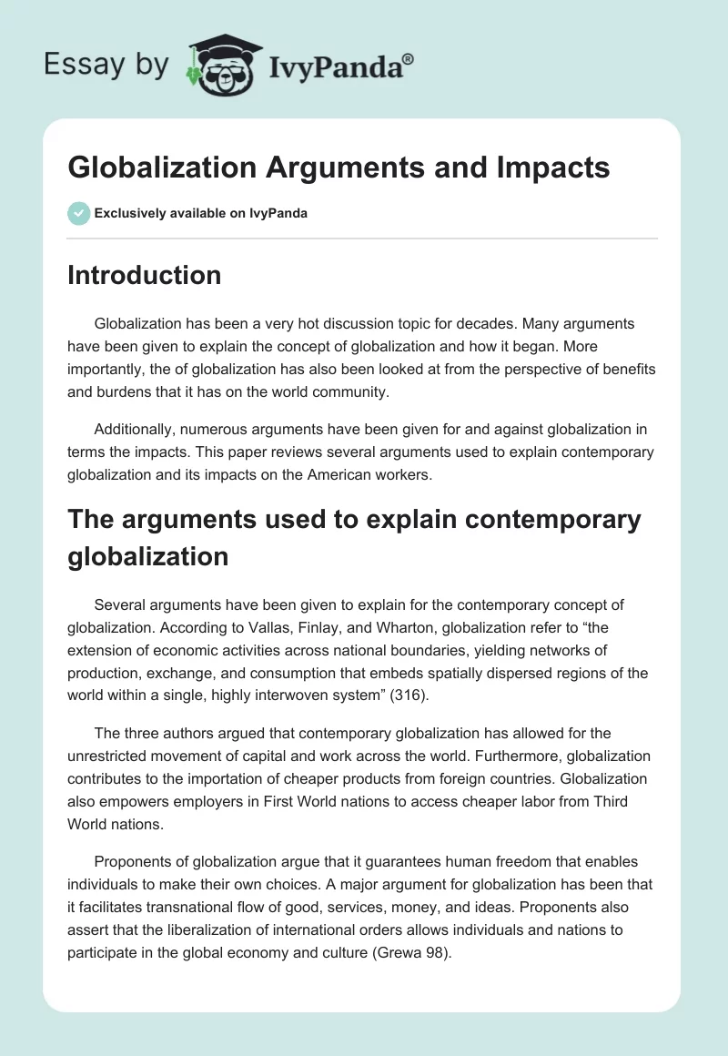 Globalization Arguments and Impacts. Page 1
