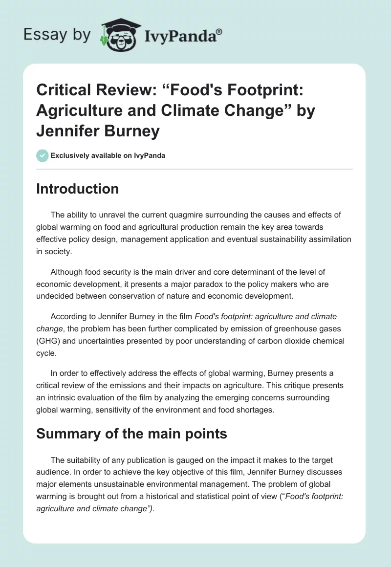 Critical Review: “Food's Footprint: Agriculture and Climate Change” by Jennifer Burney. Page 1