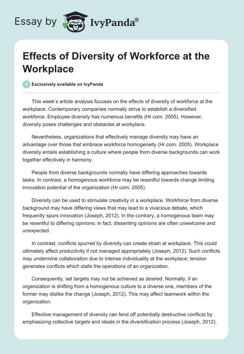 Effects of Diversity of Workforce at the Workplace. Page 1