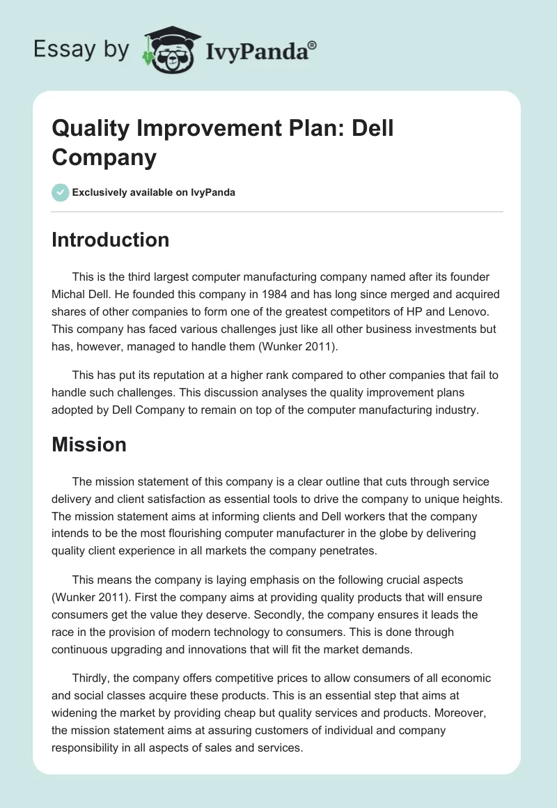 Quality Improvement Plan: Dell Company. Page 1
