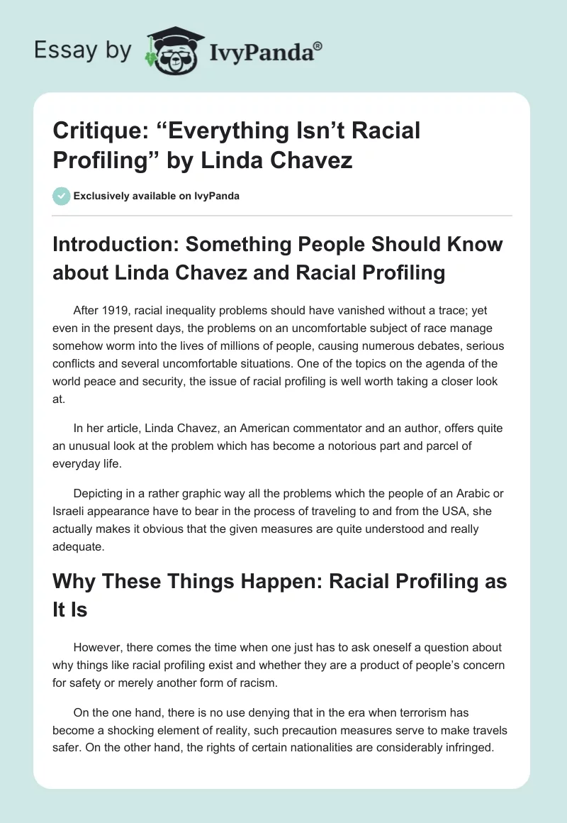 Critique: “Everything Isn’t Racial Profiling” by Linda Chavez. Page 1