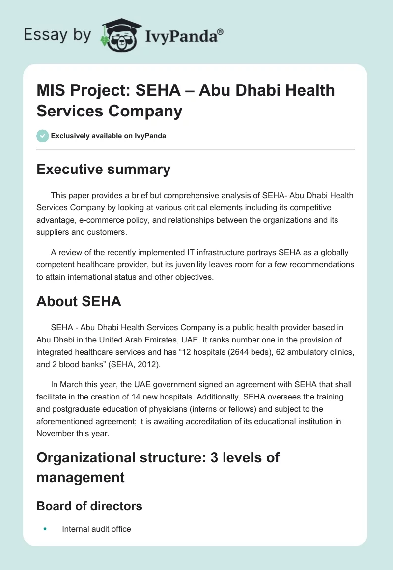 MIS Project: SEHA – Abu Dhabi Health Services Company. Page 1