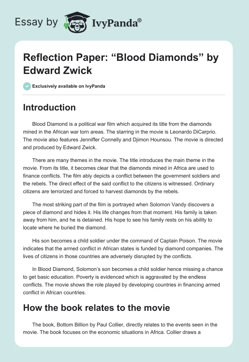 Reflection Paper: “Blood Diamonds” by Edward Zwick. Page 1
